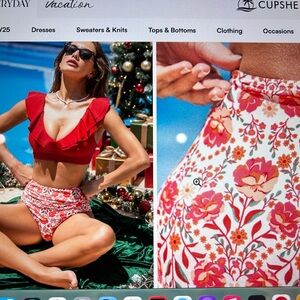 Cupshe Red Ruffle Bikini Top with Floral High-Waisted Bottoms